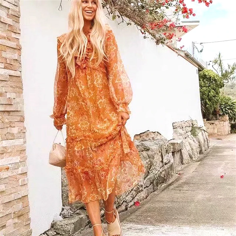 Женское платье-миди с цветочным принтом V-образным вырезом и длинным рукавом |