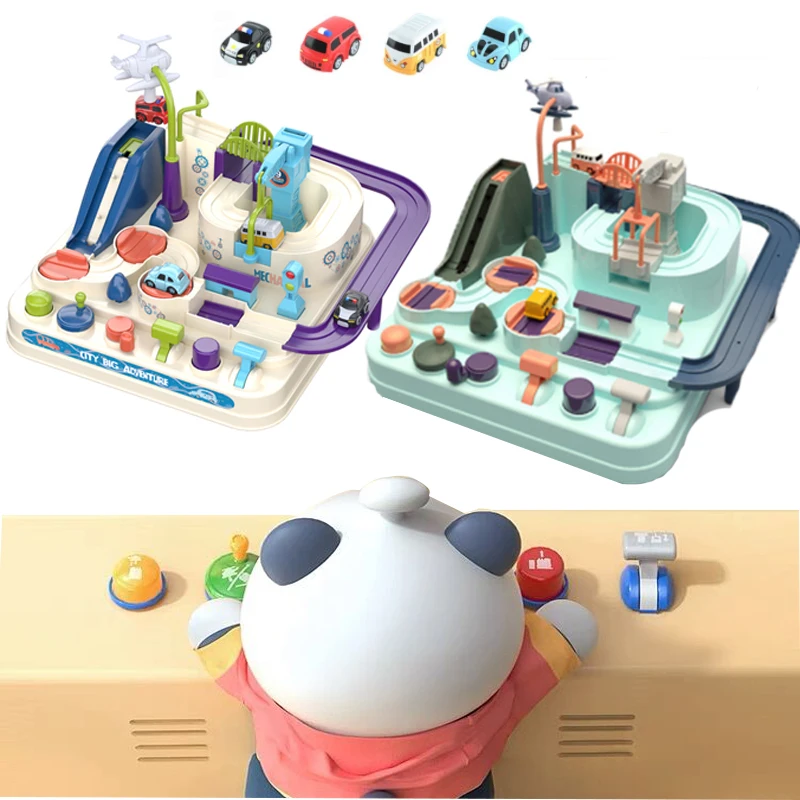 

4 Cars Rail Car Train Track Toys for Kids Montessori Boys Girls Xmas Gifts Racing Cars Mechanical Adventure Brain Table Game