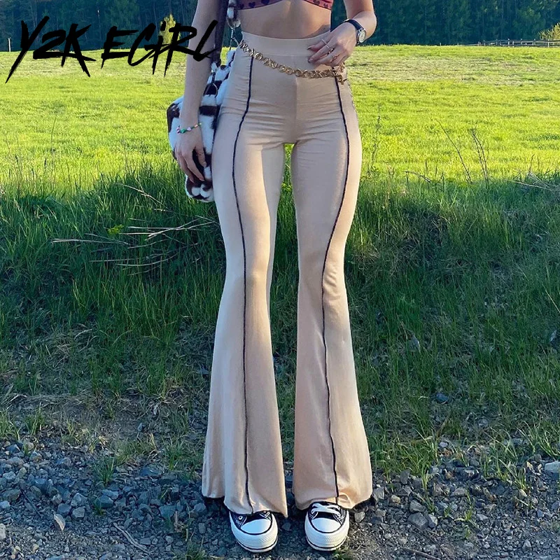 

Y2K EGIRL Summer Vintage Y2K High Waist Patchwork Flare Pants 90s Streetwear Retro Full Length Slim Trousers 2021 Casual Bottoms