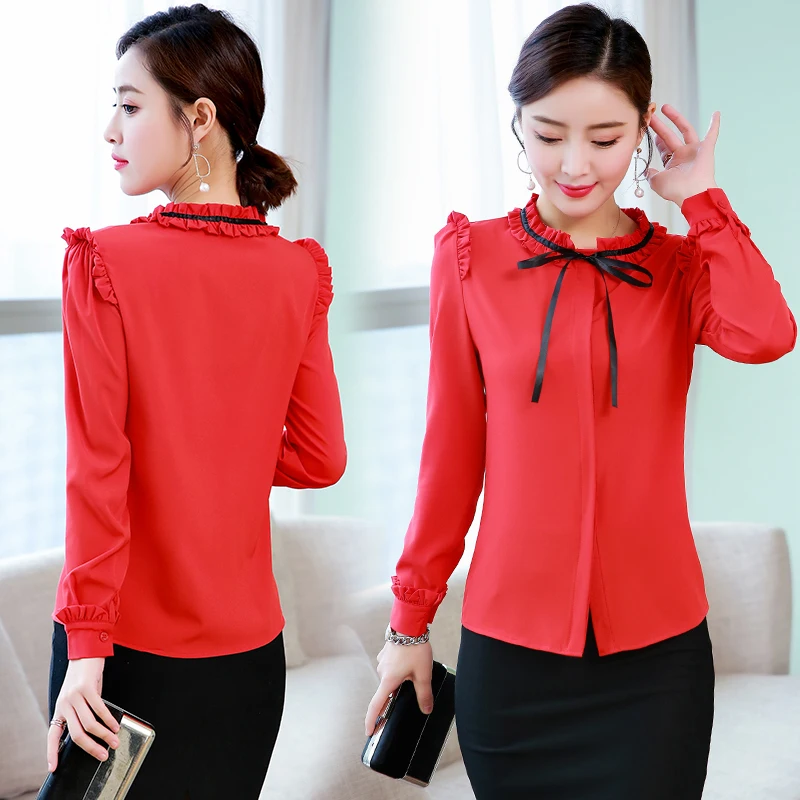 

2021 Summer New Chiffon Women Blouse Ruffles Bow Neck Solid Red Office Lady Elegant Pulls Outwear Tops