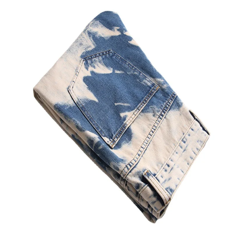 Biker Jeans Men Dark Blue Stretch Slim Fit Ripped Distressed Streetwear Denim Pants Casual Retro Man Trousers Hiphop Jean Homme | Мужская