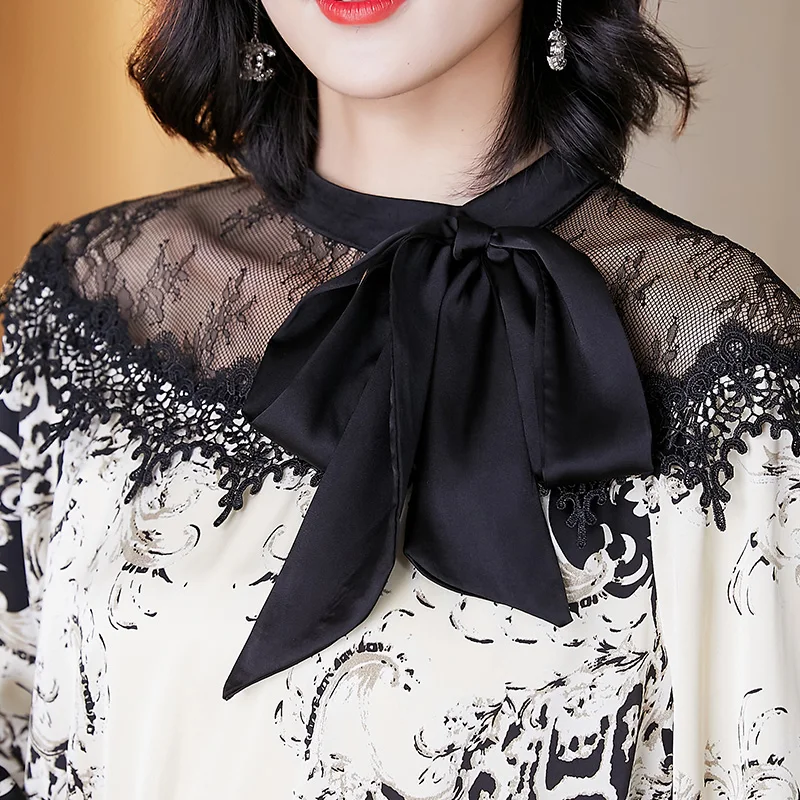 

Office Lady Spring Vintage Print Elegant Blouses Women Bow Long Sleeve Patchwork Embroidery Lace Shirts Plus Size Tops Clothing
