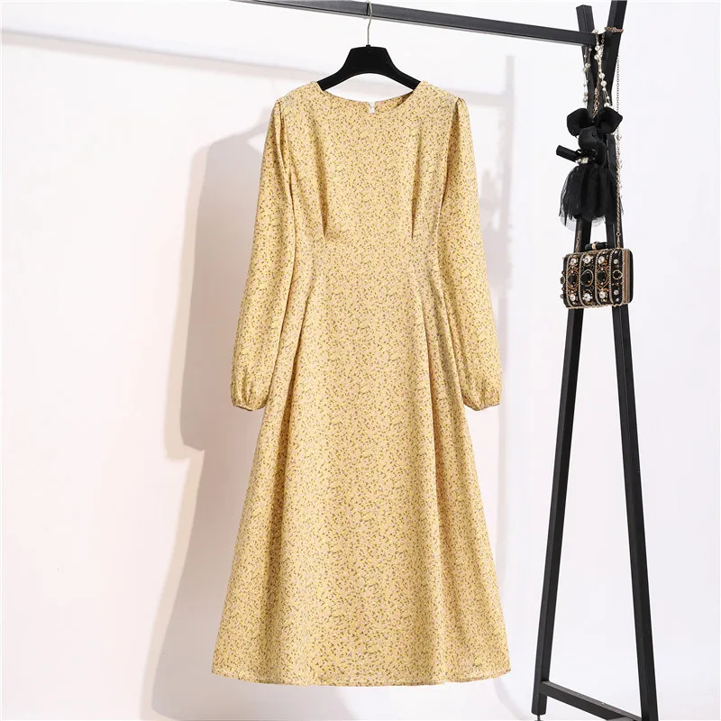

2021 New Women Elegant Autumn Print Dress Office Lady O Neck High Wasit Long Sleeve Dress Female Slim Casual