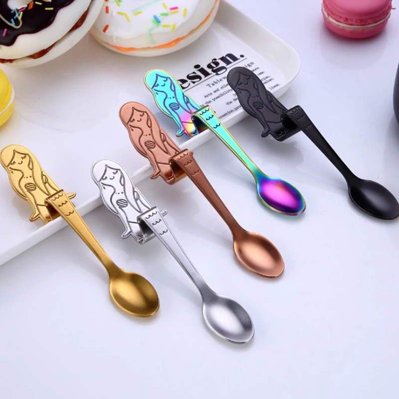 

Stainless Steel Coffee Spoon Hanging Mermaid Coffee Dessert Ice Cream Drinking Spoon Milk Teaspoon Kitchen Tableware