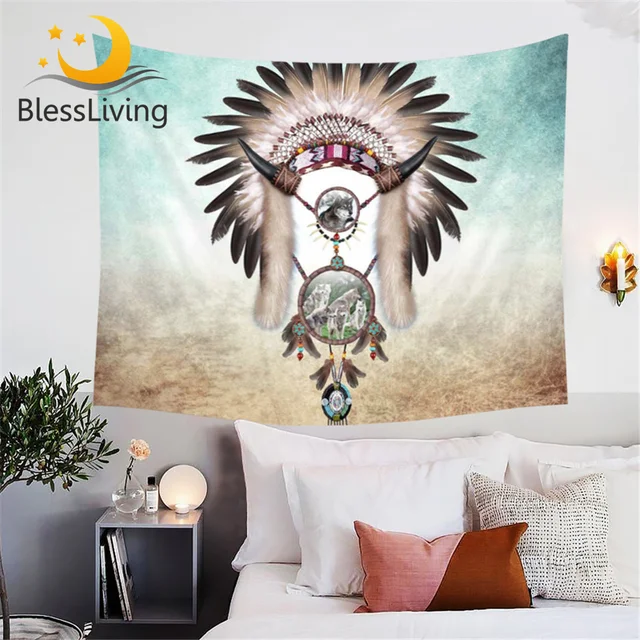 BlessLiving Wolf Dreamcatcher Tapestry Gray Teal Decorative Wall Hanging for Living Room Bedroom 3D Print Wolves Tribal Bedlinen 1