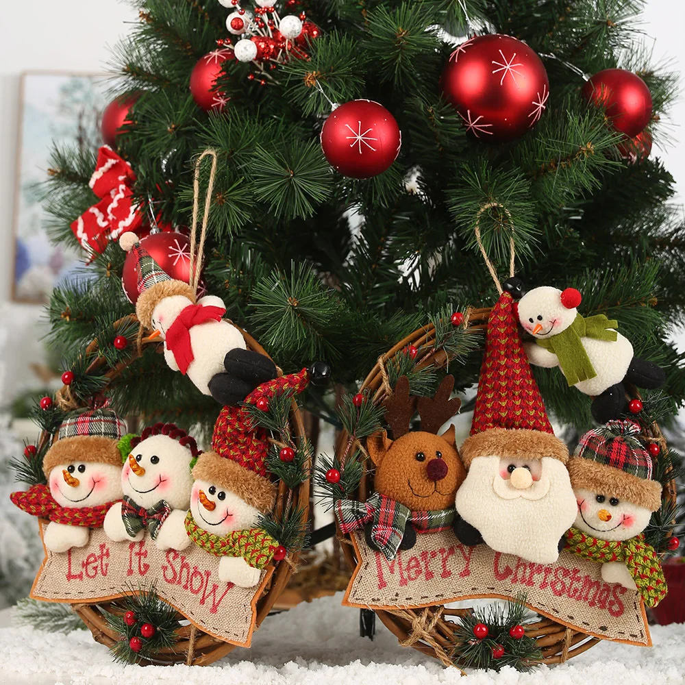 

New Christmas Rattan Wreath Decorations Santa Claus Snowman Elk Cane Ring Pendant Small Work Garland Ornament