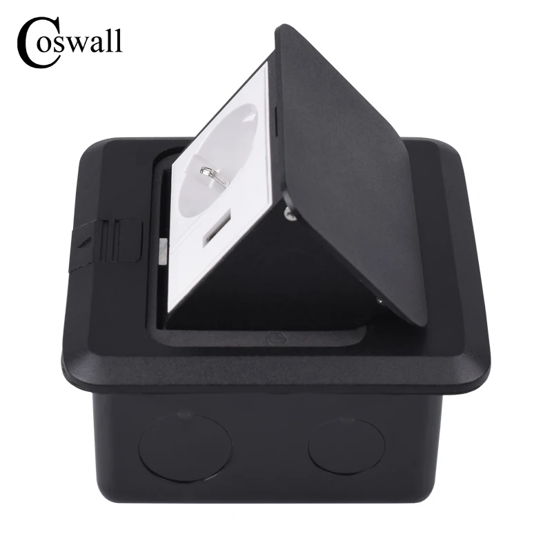 Алюминиевая черная панель Coswall медленно выдвигающаяся напольная розетка 16 А для