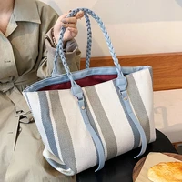high capacity big stripe handbag purses weave handle for women 2021 winter fashion trends brand female travel shoulder bag