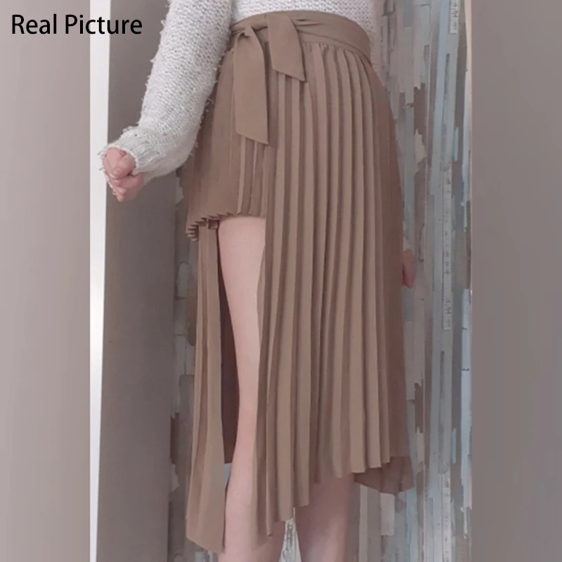 

Spring 2020 Irregular Sashes Mid Calf Women Pleated Skirt Khaki Pleated Skirt Vintage High Waist Casual Skirts Female Faldas New