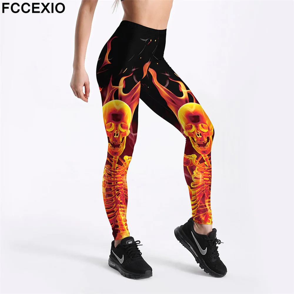 FCCEXIO High Quaility 3D Fire Skull Digital Printing Women Legging High Waist Fitness Stretch Leggings Workout Pants