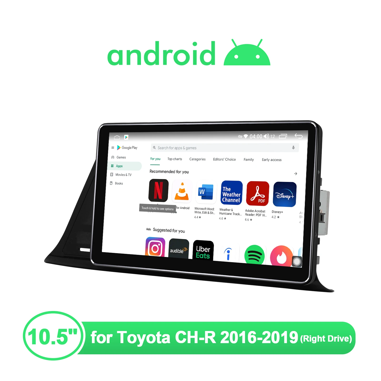 

10.5 Inch Big Touch Screen Android Multimedia Head Unit Auto Audio Car Stereo GPS MP5 Bluetooth USB 4G For 2016-2019 Toyota CH-R