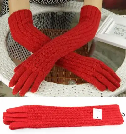 45cm red 40 см длинные шерстяные перчатки кашемировые перчатки женские теплые зимние вязаные перчатки Модные элегантные женские брендовые перчатки Новые перчатки - Цвет: 45cm red