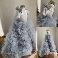 silver luxurious flower girl dresses crystals bow tiers little girl wedding dresses first communion pageant kids gown