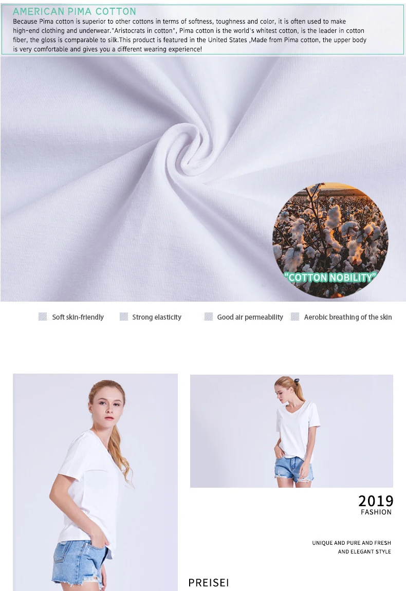 PREISEI футболка Пима хлопковая Футболка женская одежда тонкая Повседневная Camisas Mujer с v-образным вырезом с коротким рукавом Летний Топ белая футболка PV101W