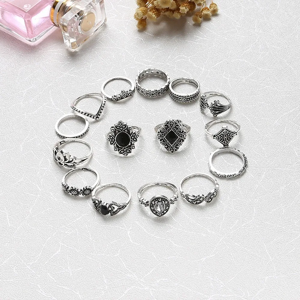 Bague Femme, винтажные кольца для женщин, геометрической формы, в стиле бохо, цветок, кристалл, кольцо на кончик пальца, набор, богемный, миди, ювелирные изделия, серебряный цвет