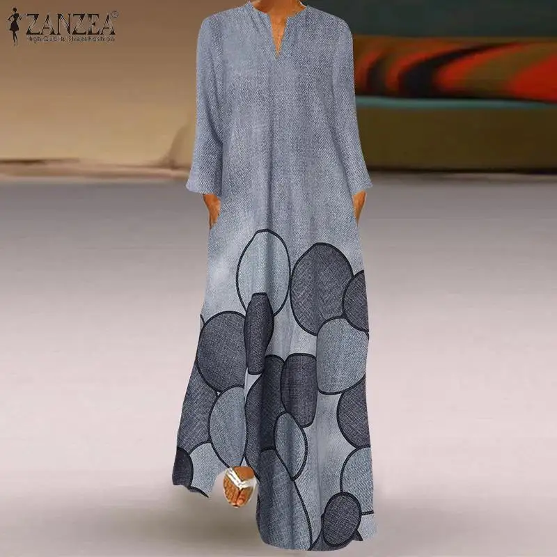 

ZANZEA Autumn Female Vintage Elegant Floral Printed Kaftan Vestidos Women Bohemian Maxi Long Dress V Neck Full Sleeve Sundress