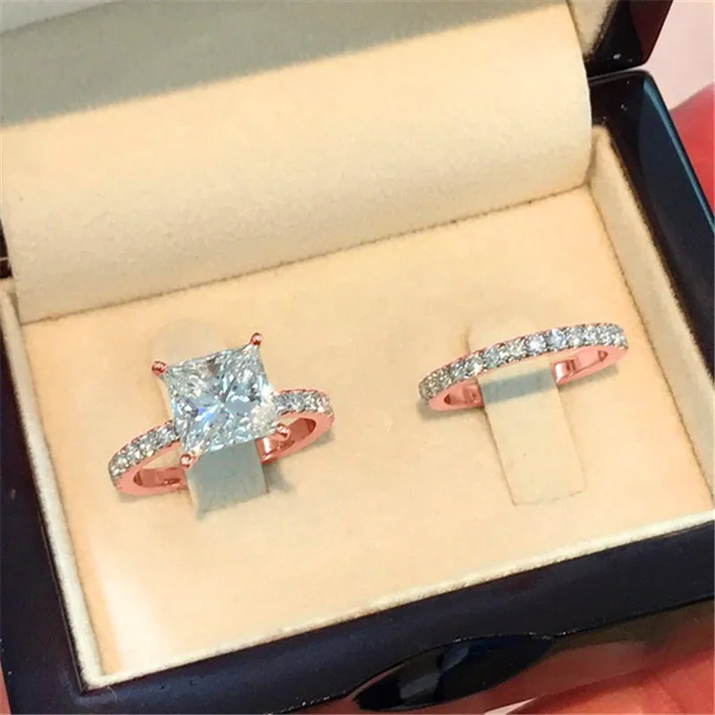 

Luxury Female White Crystal Stone Ring Rose Gold Silver Color Engagement Rings For Women Vintage Square Zircon Wedding Ring Set