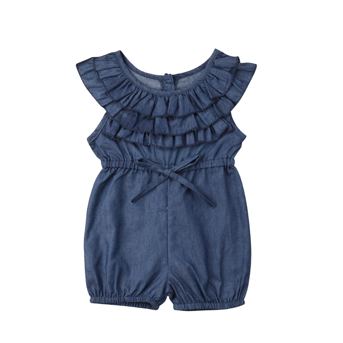 

Pudcoco 2021 Summer 6M-4Y Baby Girl Denim Multi Ruffled Neck Bow Back Buttons Romper Jumpsuit Children Kid Outfits Clothes