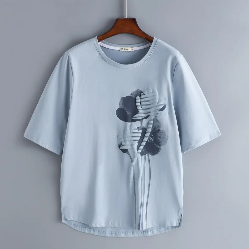 

Women's Tops National Style Cotton O-Neck Five-point Sleeves Loose Shirt Middle-aged Mother Summer Temperament Printed Top A869