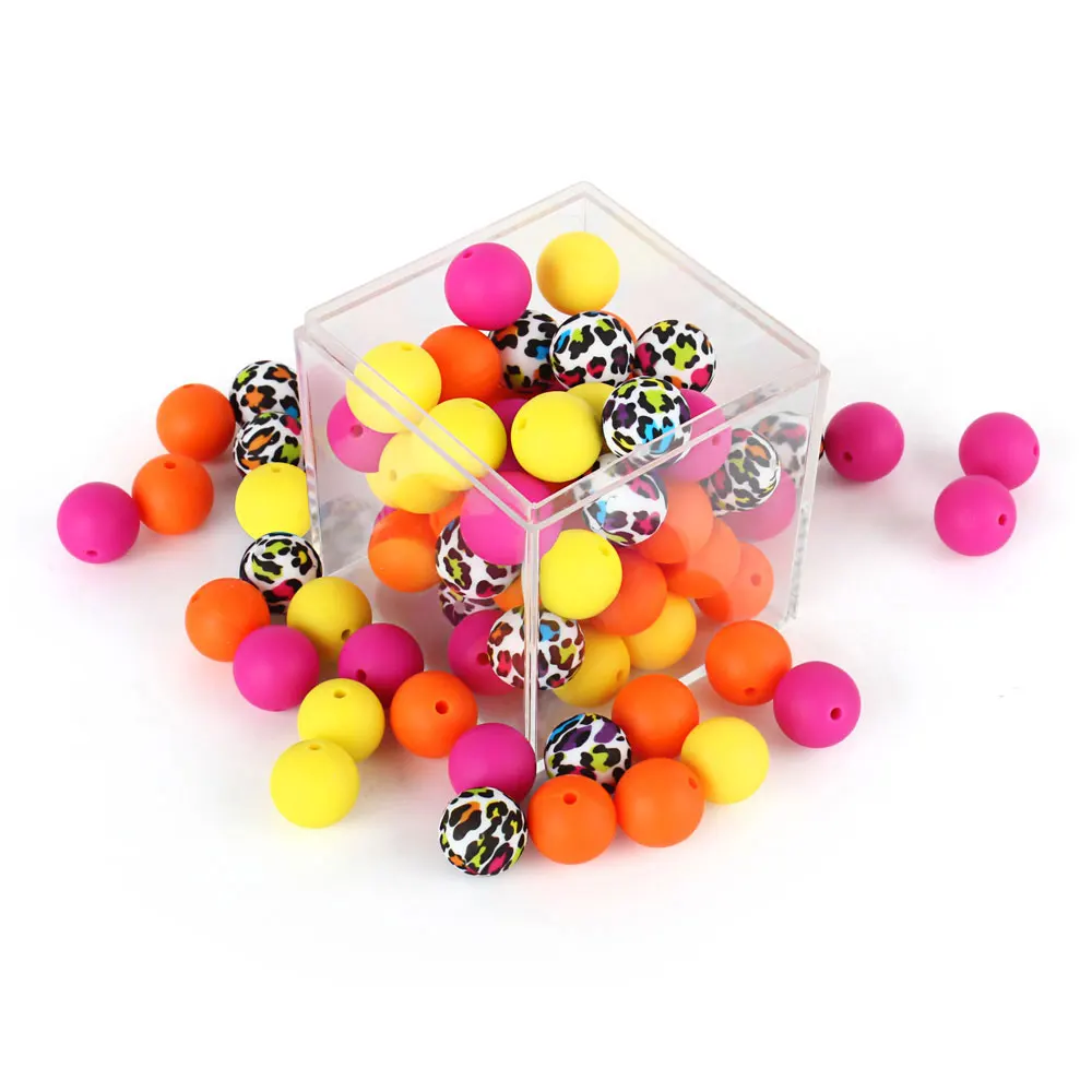 100pcs Wholesale Baby Round beads Silicone Food Grade DIY Bracelet Pacifier Chian Print Tie Dye 15mm Baby Teething Bead Pearl