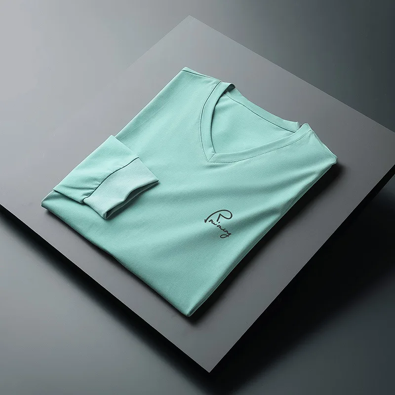 

Новинка весна-осень 2021, Мужская хлопковая футболка с длинным рукавом, повседневный модный трендовый высококачественный топ с круглым вырез...