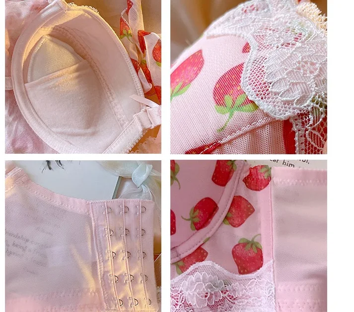 Girl Sweet Strawberry Japanese Underwear Hanging Neck Large Size Collection Nipple Small Breast Gathering Ribbon Bra Panties Set