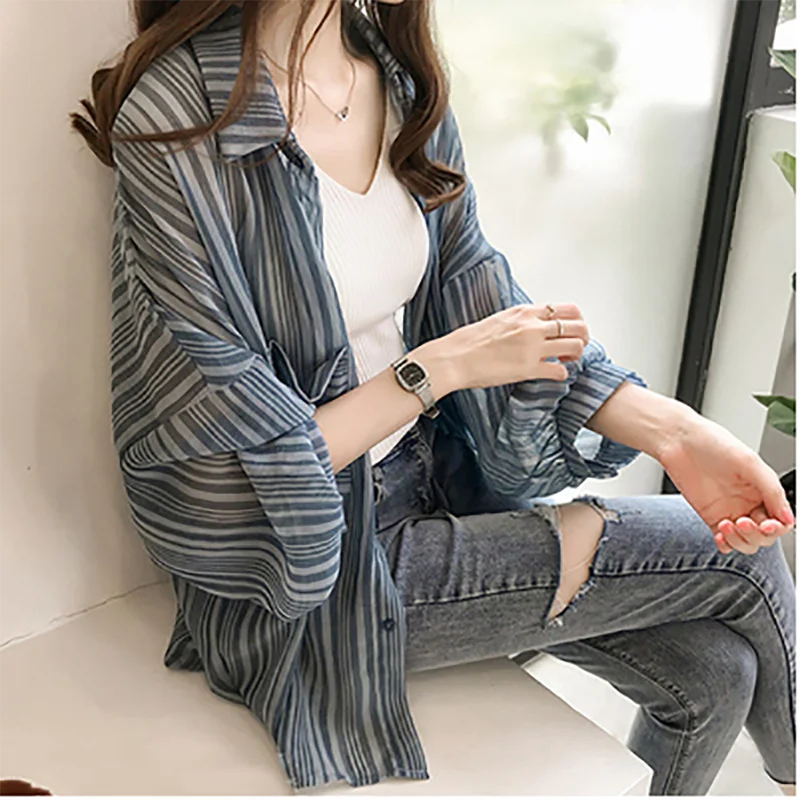 

2021 new summer mid-length loose lantern sleeve striped single-breasted shawl chiffon shirt jacket drying clothes women
