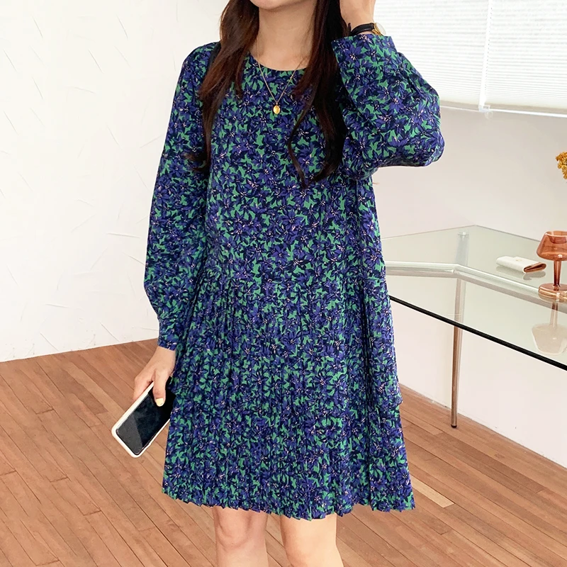 

Korean Chic Autumn Spring Women Romantic Sweet Floral Round Neck Slim Loose Lantern Sleeve Pleated Dress