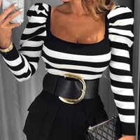 stripes puff long sleeve fashion womens blouse sexy square collar female blouses 2021 novelty spring streetwear ladies tops