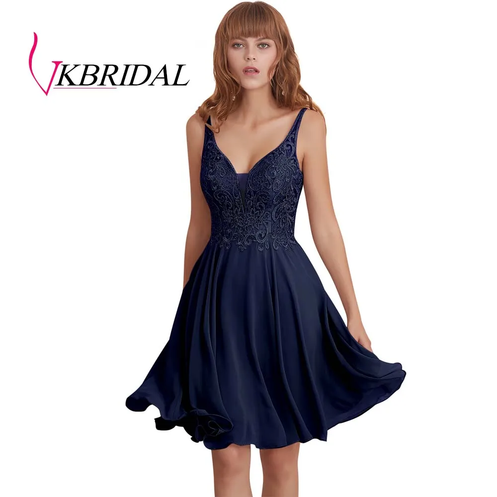 navy blue VKBRIDAL сексуальные короткие платья для выпускного вечера с открытой спиной шифоновые аппликационные кружева с бисером милые платья для выпускного вечера - Цвет: navy blue
