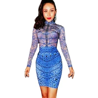 blue leopard printing backless mini dresses rhinestones party dress for women nightclub performance dance costume stage wear