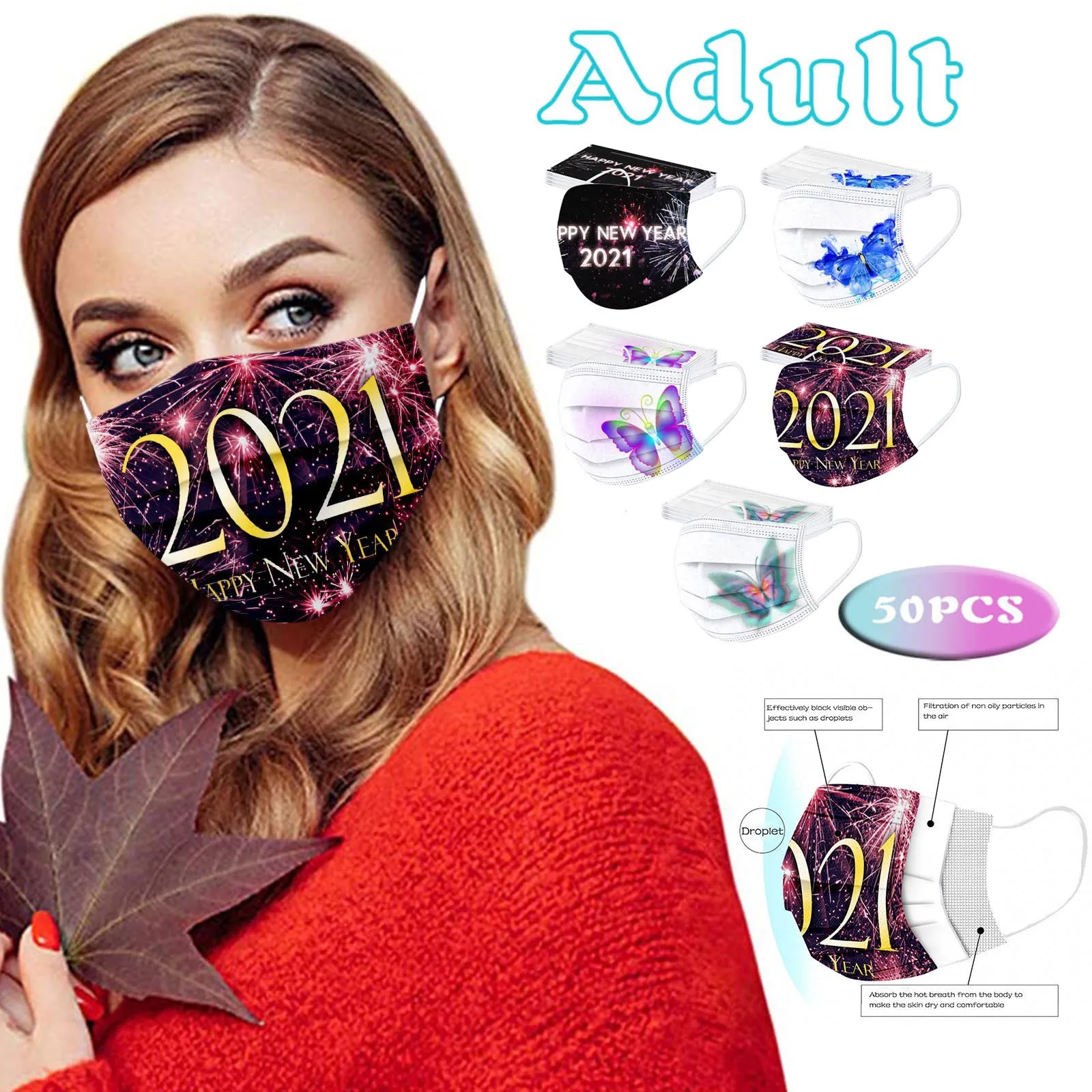 

50pc Adult's Christmas Mouth Masks Snowflake Printed Festive Party Mask Disposable Protective Face Masks Mondkapjes