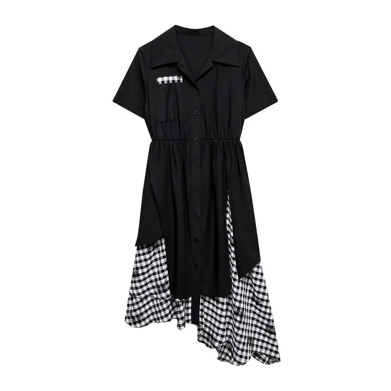 

Irregular Dress Fashion New Women Patchwork Pleated Single Breast Goddess Fan Casual Style Loose Dress Top C825