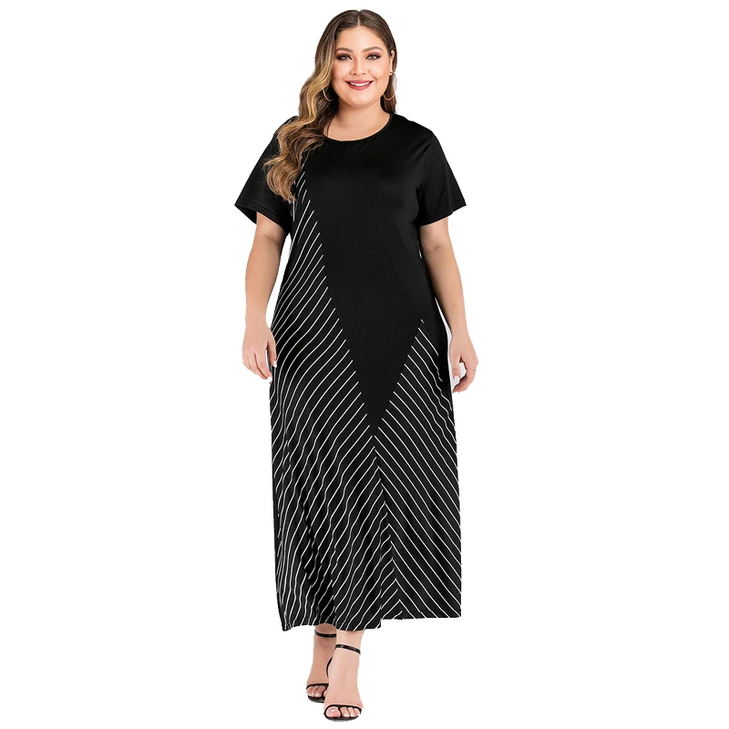 Длинное платье в полоску размера плюс 2020 Женская туника с коротким рукавом