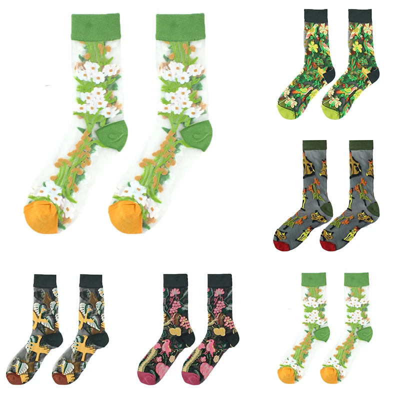 

Summer Fashion Crystal Silk Socks Mesh Flower Socks Casual Hosiery Mid-tube Sock Summer Socks Novelty Harajuku High Quality Sock