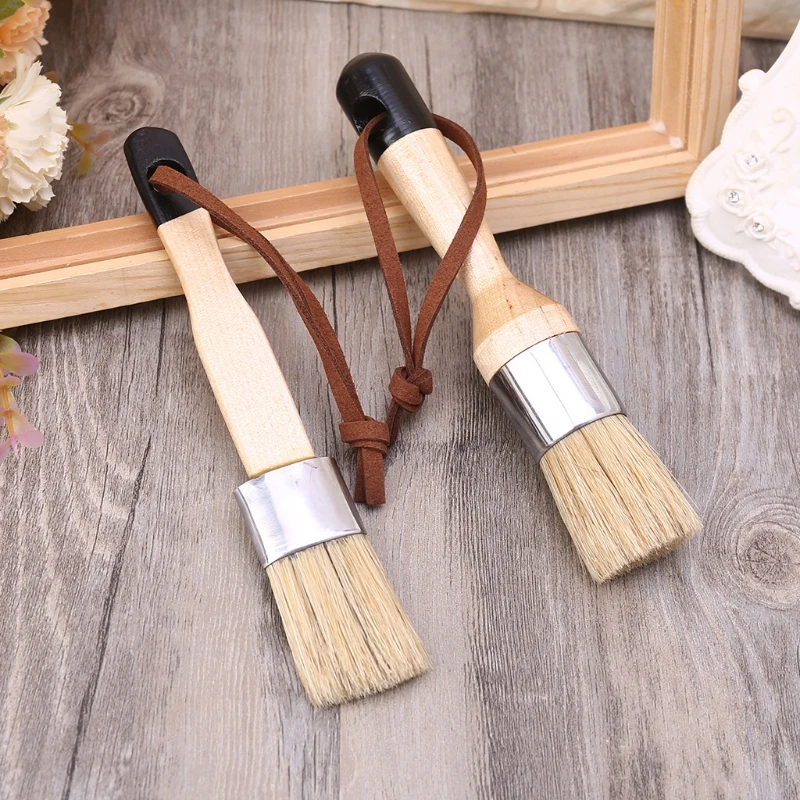 

2 Pcs Round and Flat Chalk Paint Wax Brush Ergonomic Wood Handle Natural Bristle Brushes Furniture Painting Waxing Tool