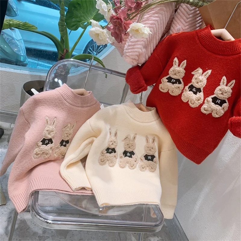 

Girls Boys Sweater Kids Coat Outwear 2022 Rabbit Plus Velvet Thicken Warm Spring Autumn Knitting Wool Cotton Long Sleeve Childre
