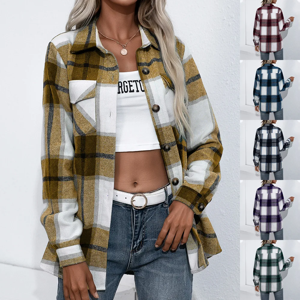 

Button Women Shirt Cardigan Plaid Printed Single-Breasted Ladies Turn-Down Collar Tops Shirt Outwear Long Sleeve Coat