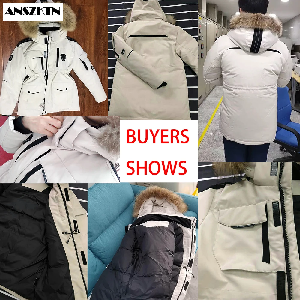 Мужской пуховик с большим воротником из натурального меха теплая парка для