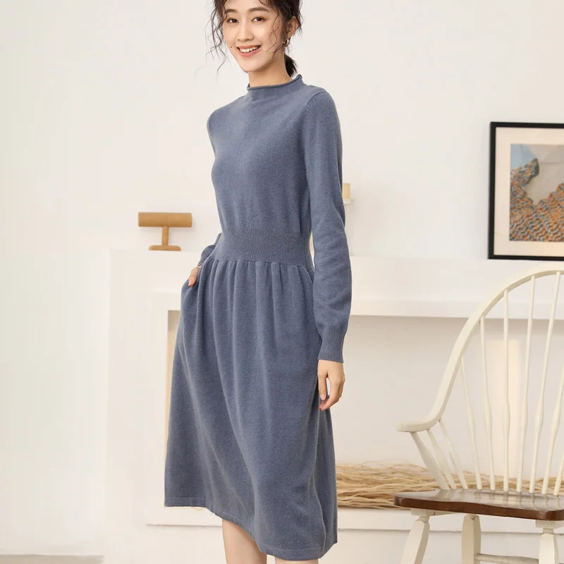 

women's wool winter dresses curling high neck solid knee length ladies fashion knitted warm sweater dress