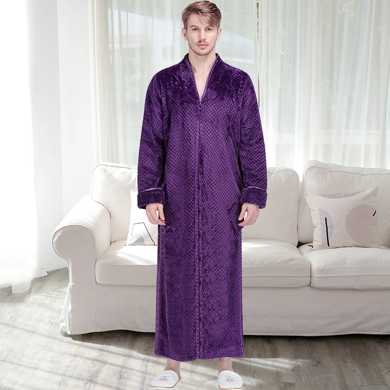 Purple men Мужской удлиненный теплый фланелевый банный халат на молнии размера плюс, толстый теплый халат из кораллового флиса для женщин и мужчин, зимний Халат - Цвет: Purple men