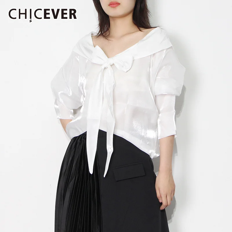 CHICEVER элегантная женская рубашка на шнуровке с бантом, Повседневная белая блузка с вырезом лодочкой и коротким рукавом, женская модная новая...