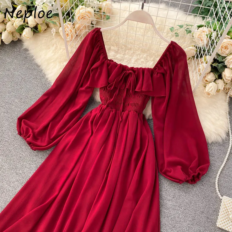 

Neploe Ruffles Lace Up Slim Waist Dresses Sexy Square Collar Solid Color Femme Vestidos 2021 Fashion Lantern Sleeve Dress Women