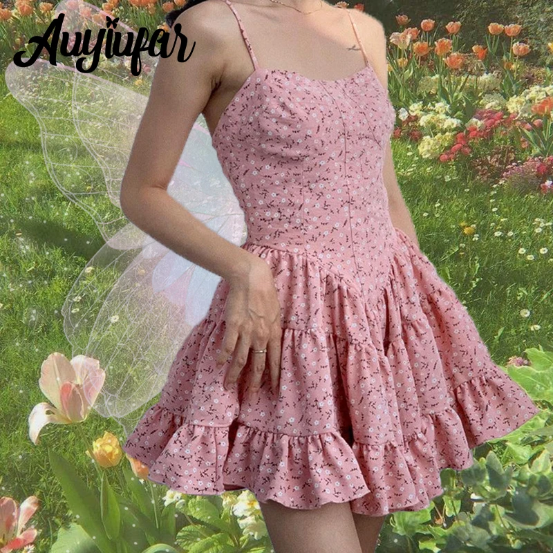 

Auyiufar Pink Floral Printing Fairycore A Line Dress Cottagecore Ruffles Hem Ruched Sling Mini Dresses Sweet Y2K Slim Outfit Hot