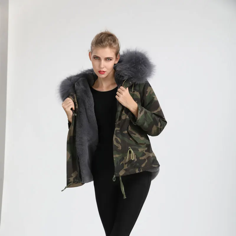 Женская камуфляжная куртка из натурального меха кролика с мехом енота | одежда