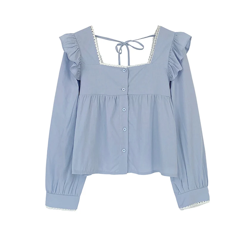 

2022 Autumn Women's Pullovers Blouse French Style Ruffles Edge Sweet Salt Gentle Wind Long Sleeve Casual Temperament Shirt Tops