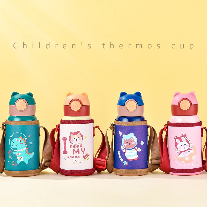 500ml Cute Kids Thermos With Straw and Bag Stainless steel 316 Vacuum Flask Thermal Water Bottle Thermocup for Children