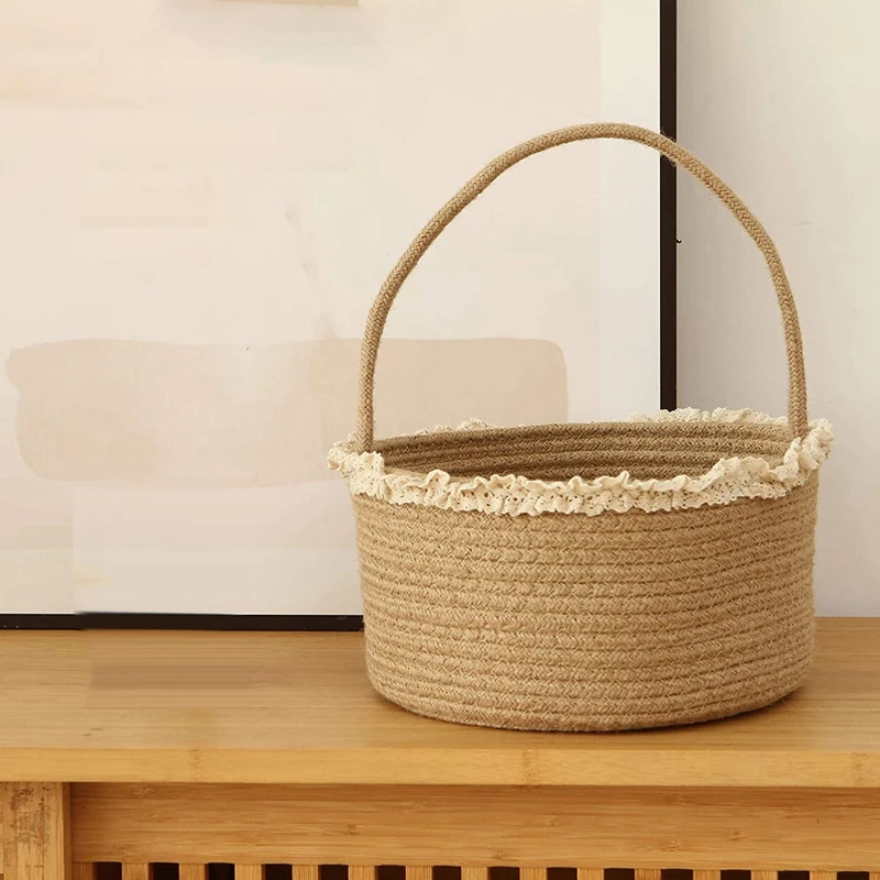 

Storage Baskets Organizer Set of 3 Box Bins with Handle in Jute Tassels Lace for Bedroom Living Room Toys Storage Decor