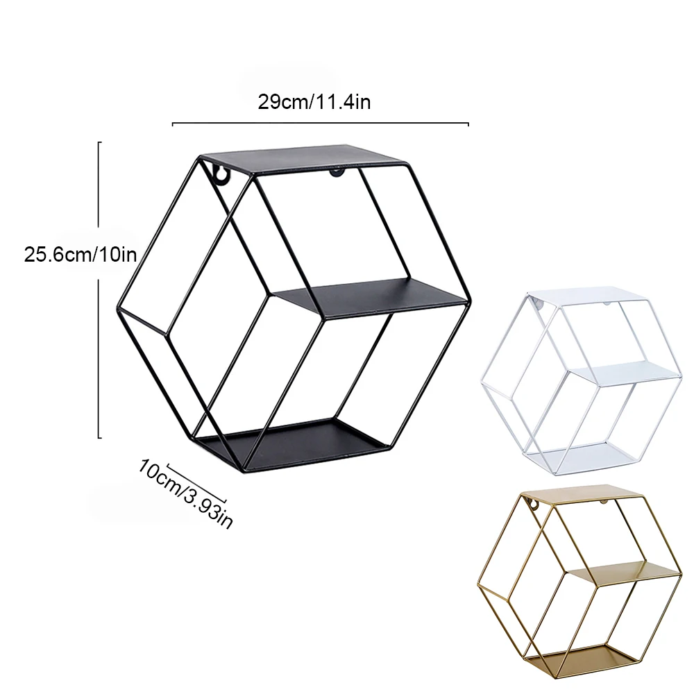 

Hexagonal Wrought Iron Wall-Mounted Shelf Hexagonal Grid Rack Wall Decoration Rack For Small Ornament And Cosmetics Holder