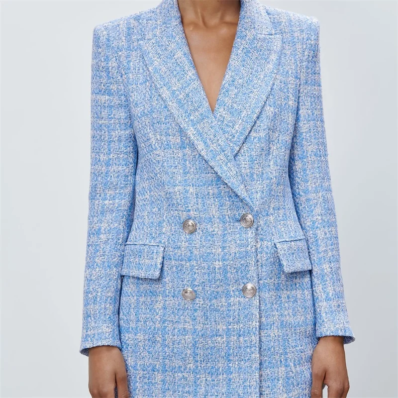 

ZXQJ Women 2021 Fashion Double Breasted Tweed Check Blazers Coat Vintage Long Sleeve Pockets Female Outerwear Chic Veste